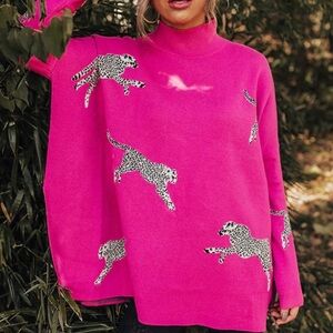 Style U oversized hot pink cheatah embroidered knit sweater long sleeve Large